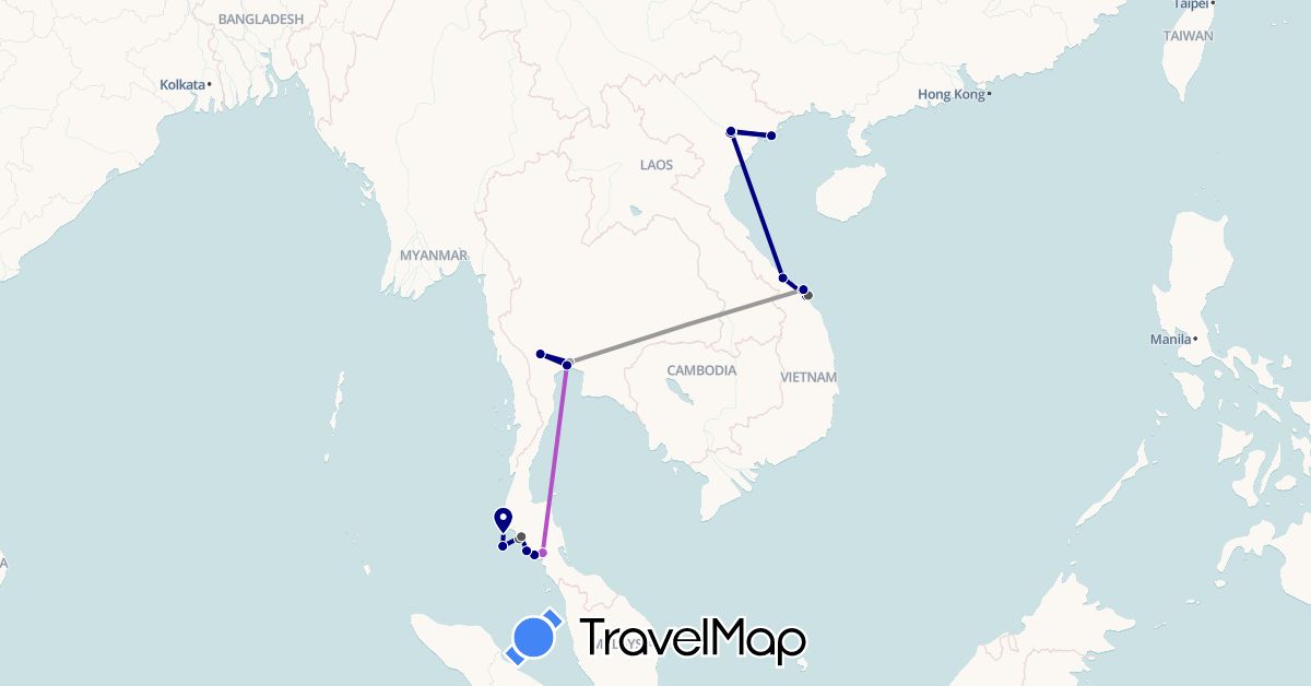 TravelMap itinerary: driving, plane, train, motorbike in Thailand, Vietnam (Asia)